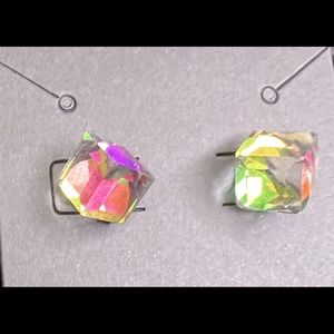 Stunning pair of aurora borealis crystal cube earrings. Tilted cubes measure 8mm